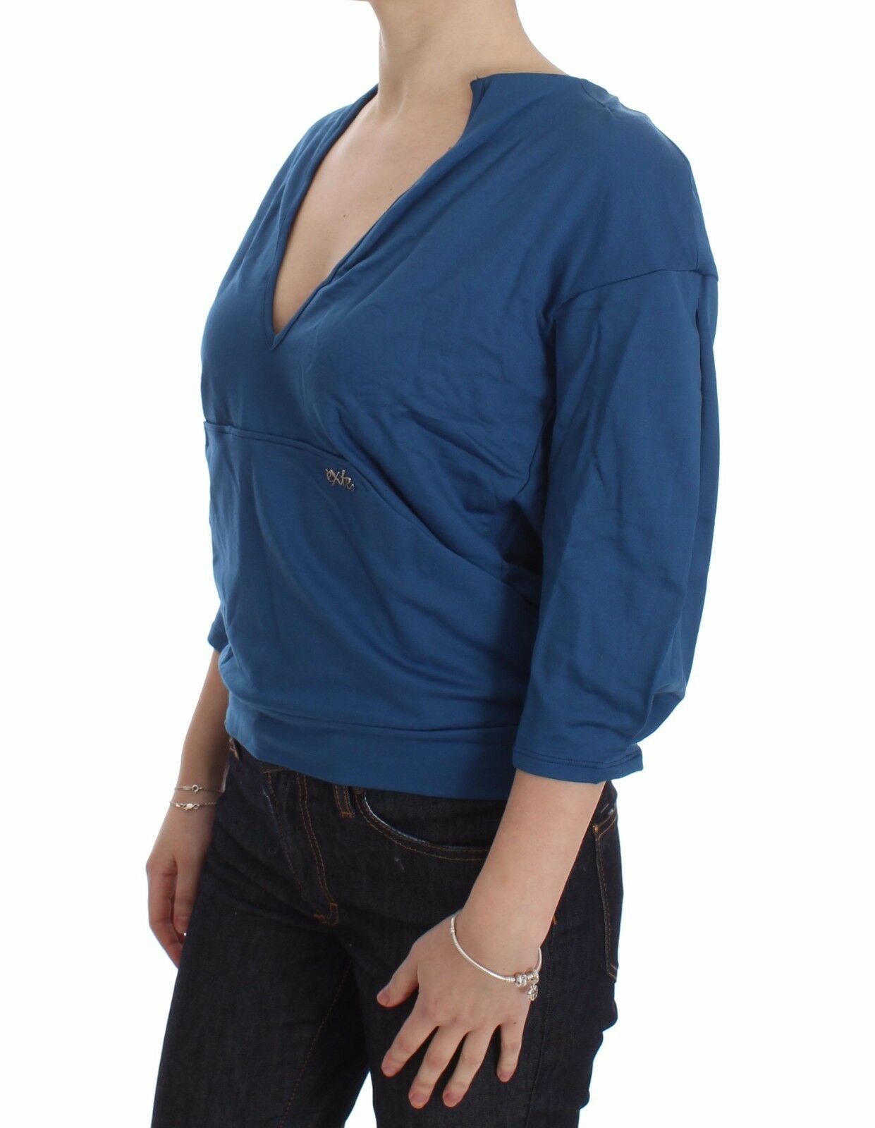 Pull en coton bleu Exte à col en V profond pour femme
