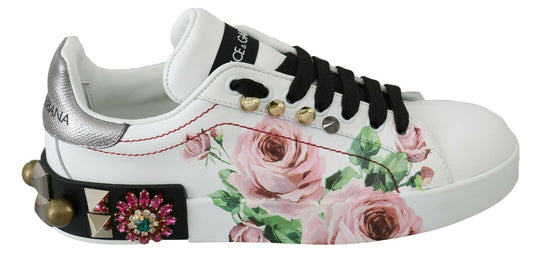 Dolce & Gabbana Weiße Leder Kristall Rosen Blumen Sneakers Schuhe