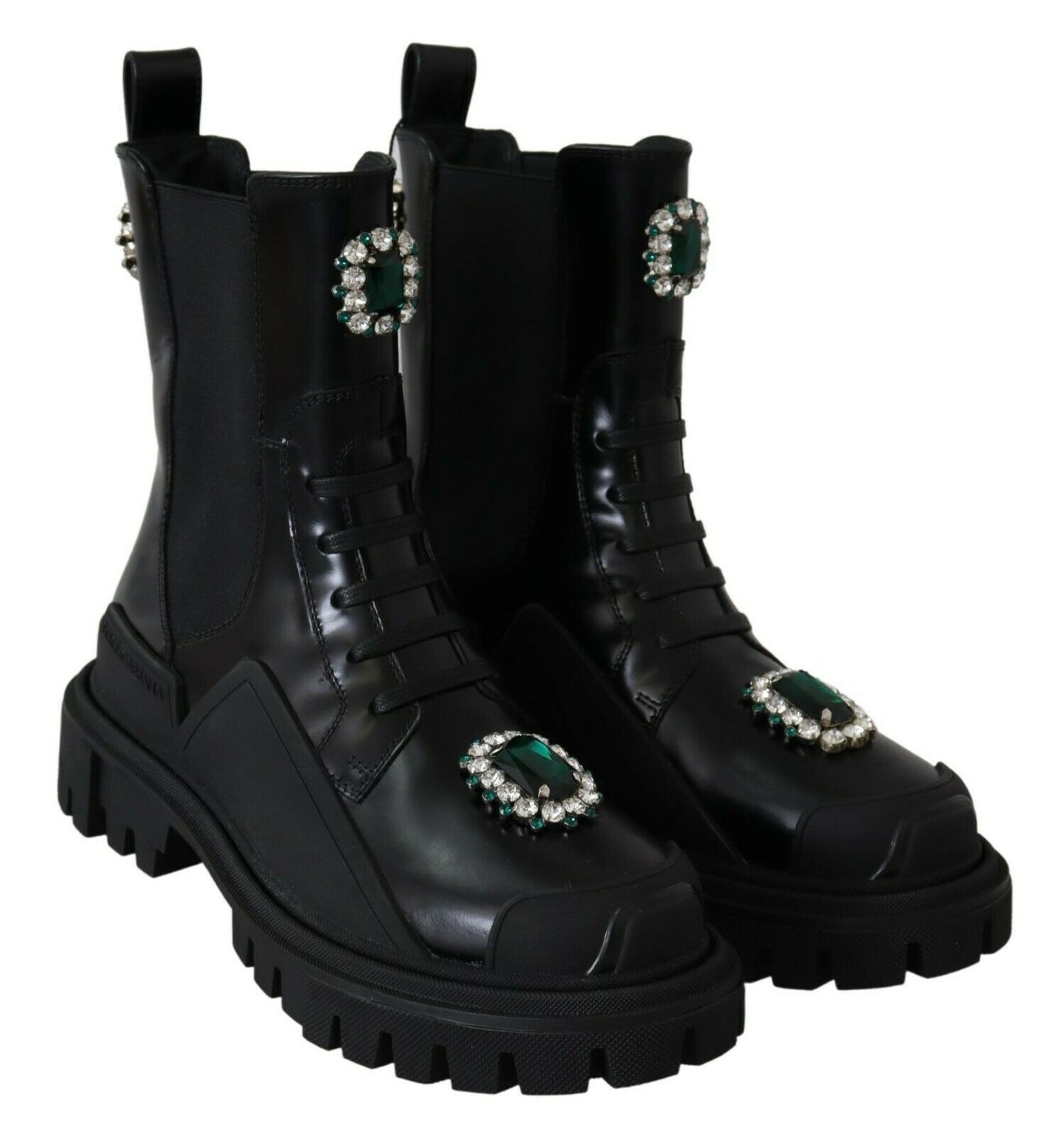 Bottines de combat en cuir noir et cristaux Dolce & Gabbana