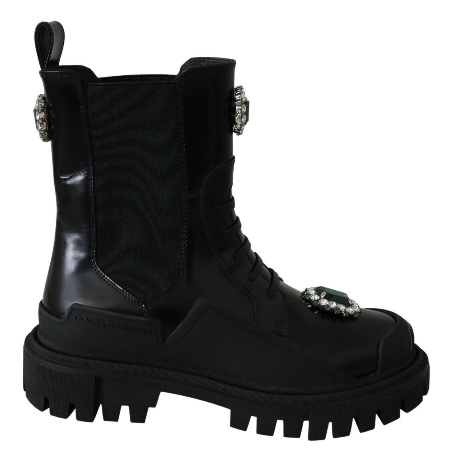 Bottines de combat en cuir noir et cristaux Dolce & Gabbana