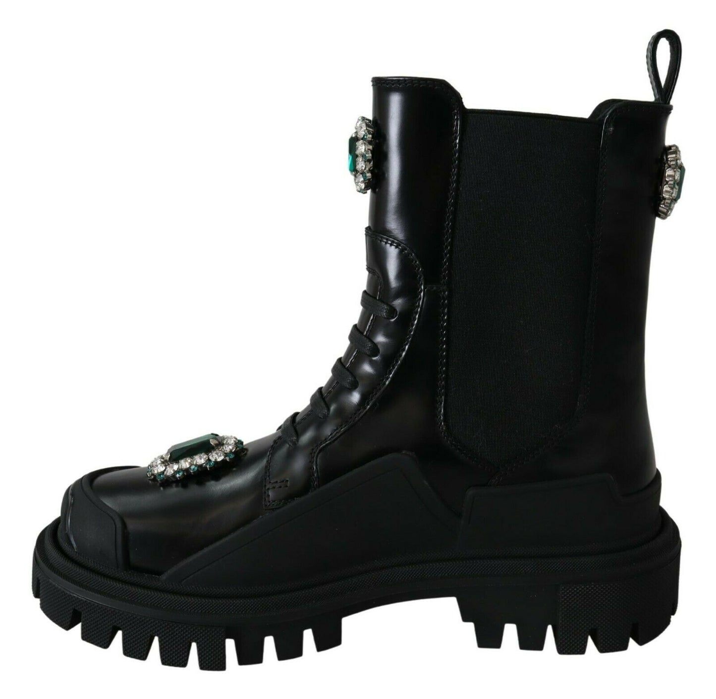 Bottines de combat en cuir noir et cristaux Dolce & Gabbana