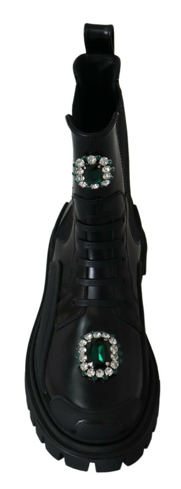 Bottines de combat en cuir noir et cristaux Dolce & Gabbana