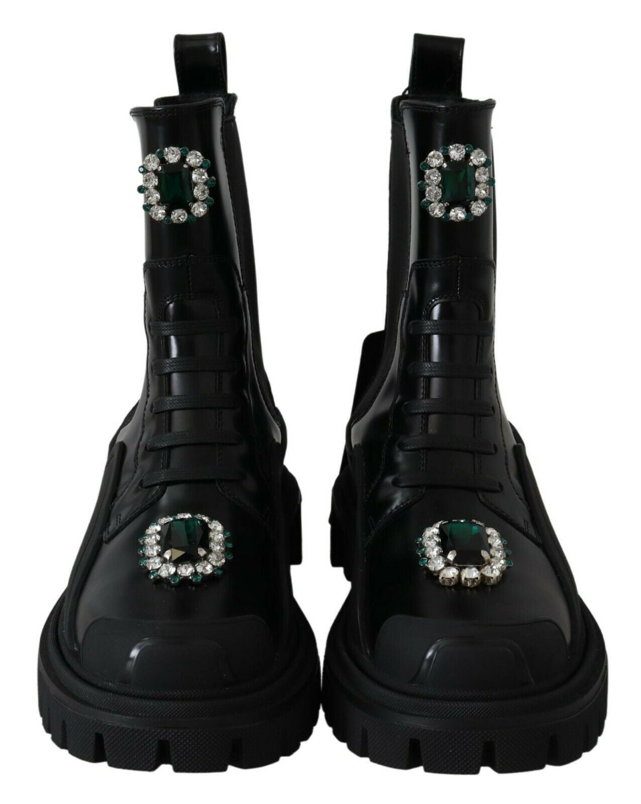 Bottines de combat en cuir noir et cristaux Dolce & Gabbana