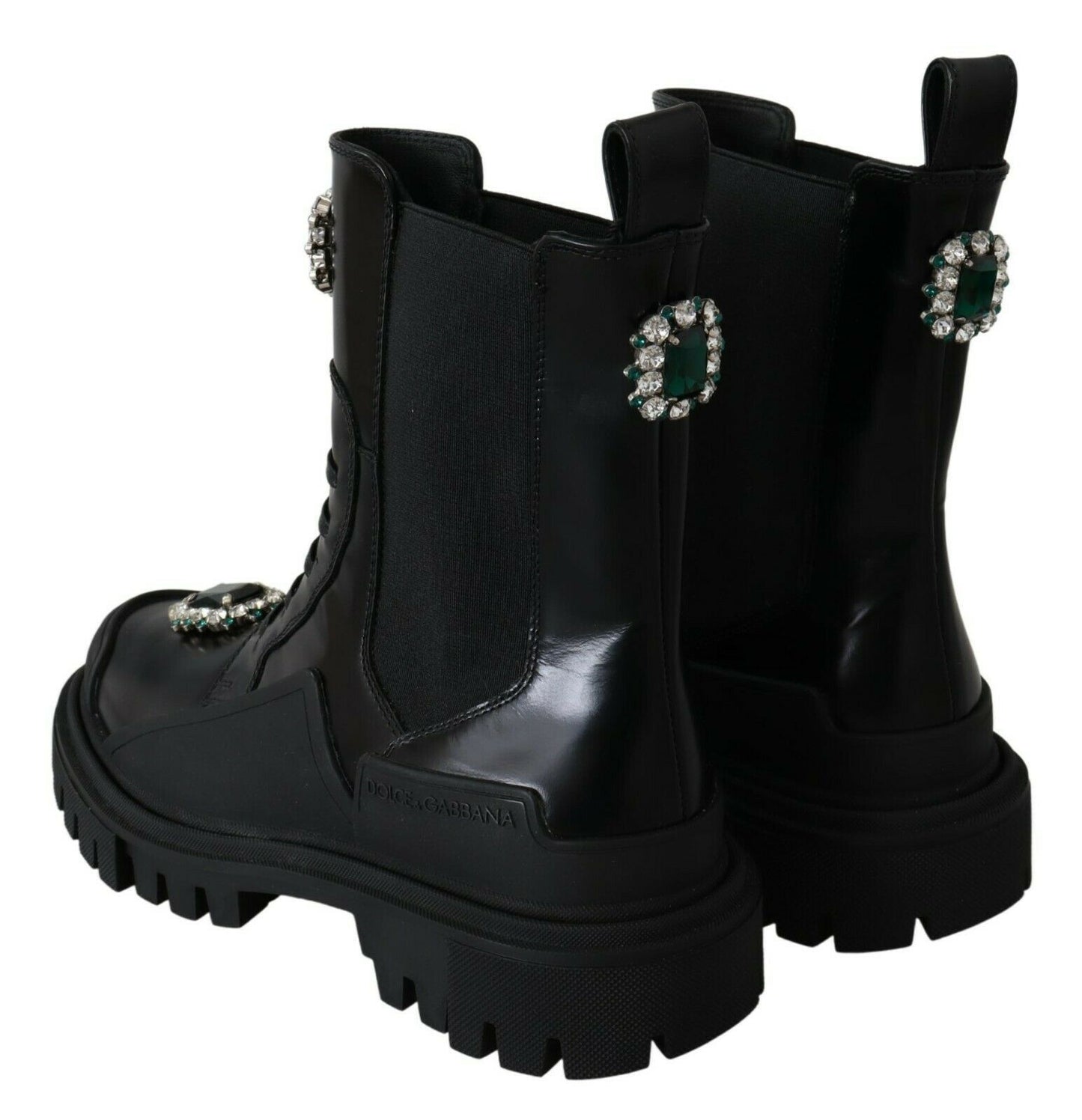 Bottines de combat en cuir noir et cristaux Dolce & Gabbana