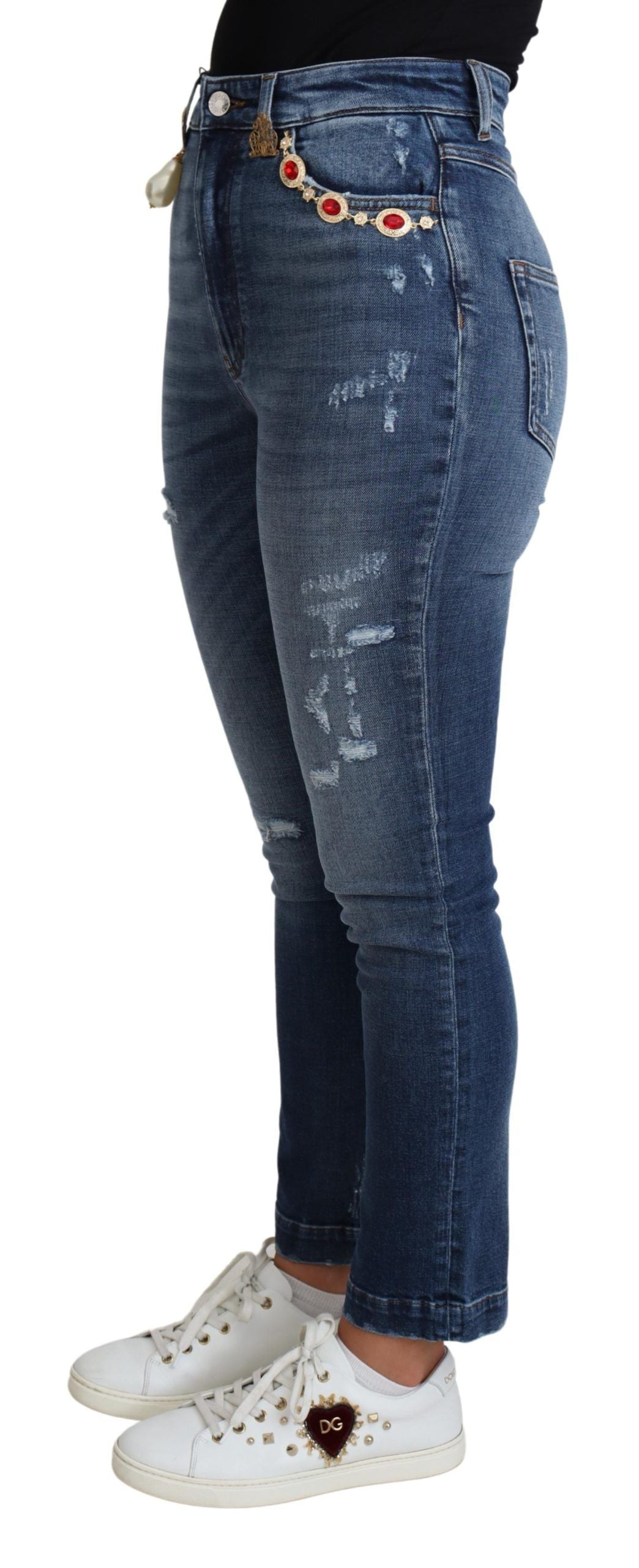 Pantalon skinny en coton bleu à ornements Dolce & Gabbana