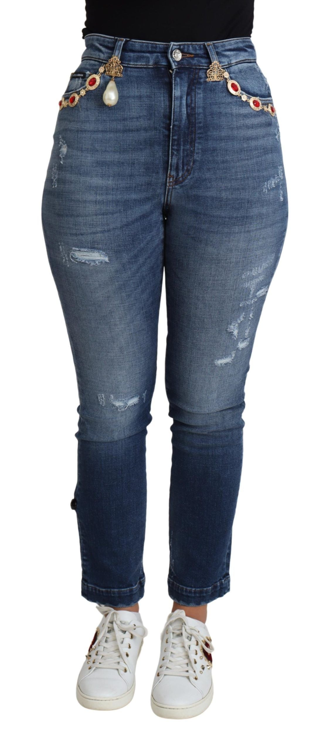 Pantalon skinny en coton bleu à ornements Dolce & Gabbana