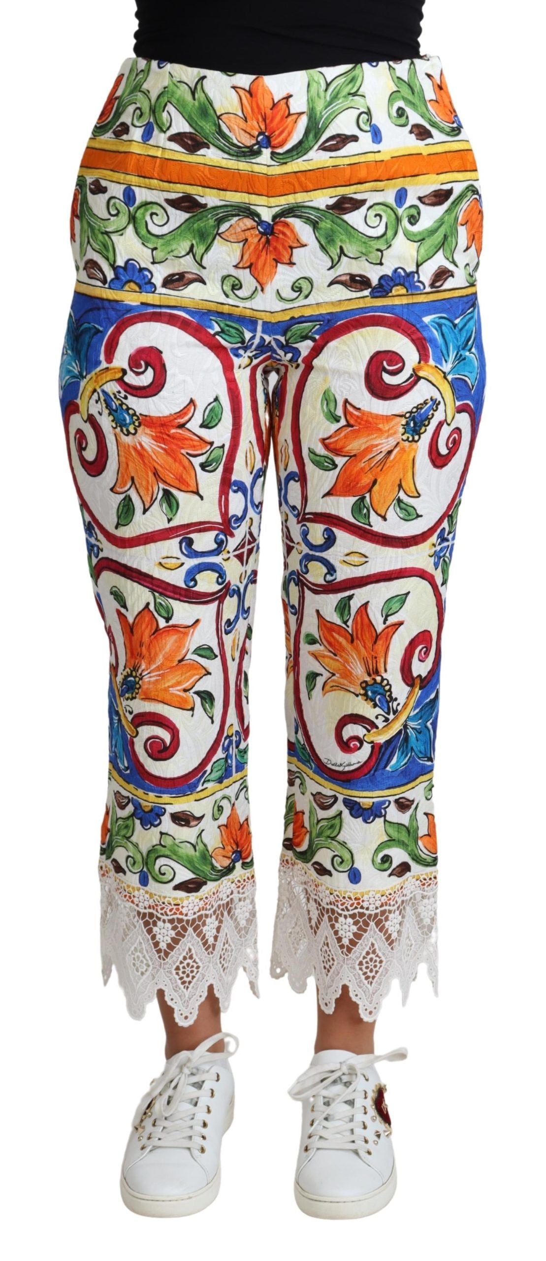 Pantalon en coton à imprimé majolique multicolore Dolce & Gabbana