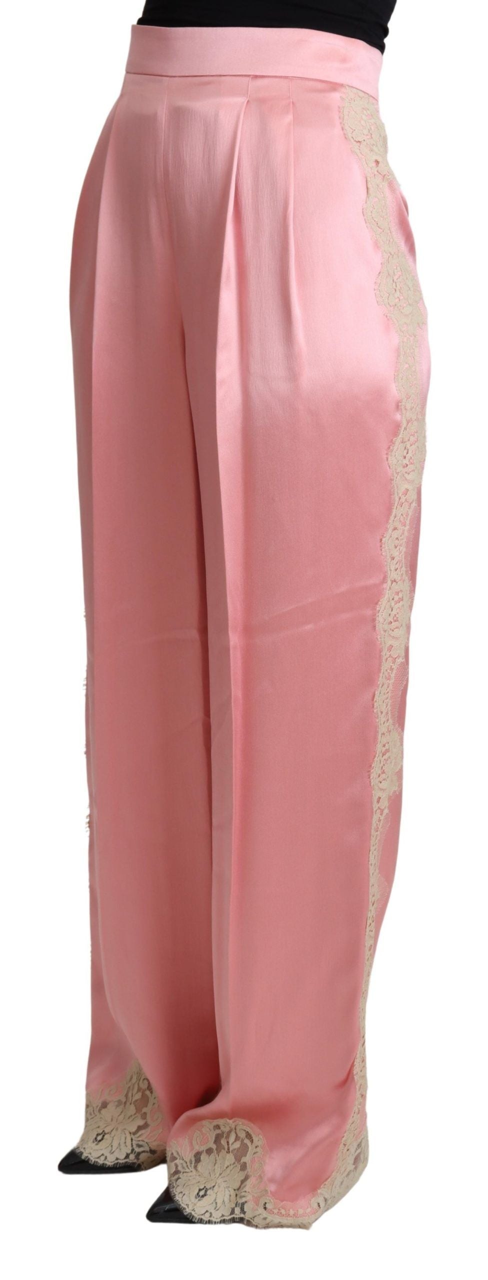 Pantalon large en satin de soie à bordures en dentelle rose Dolce & Gabbana