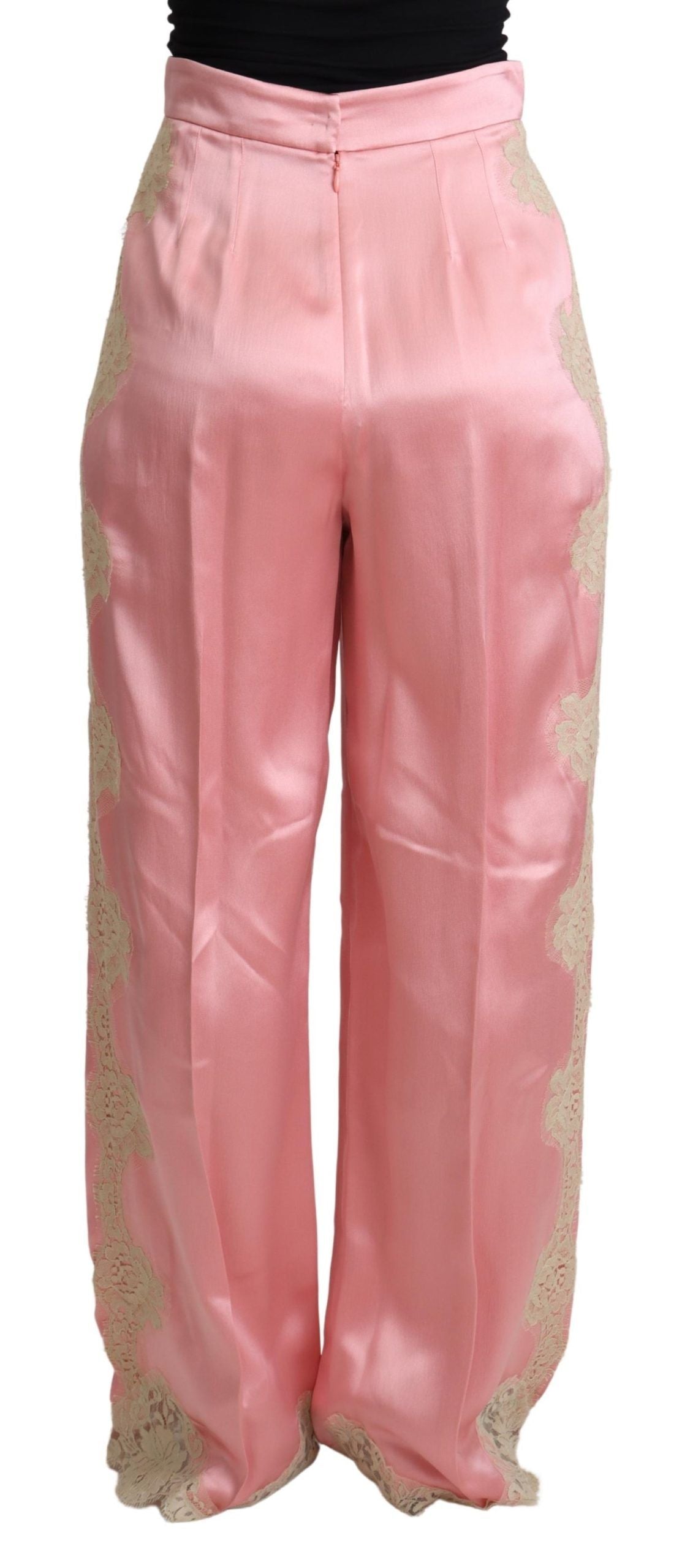 Pantalon large en satin de soie à bordures en dentelle rose Dolce & Gabbana