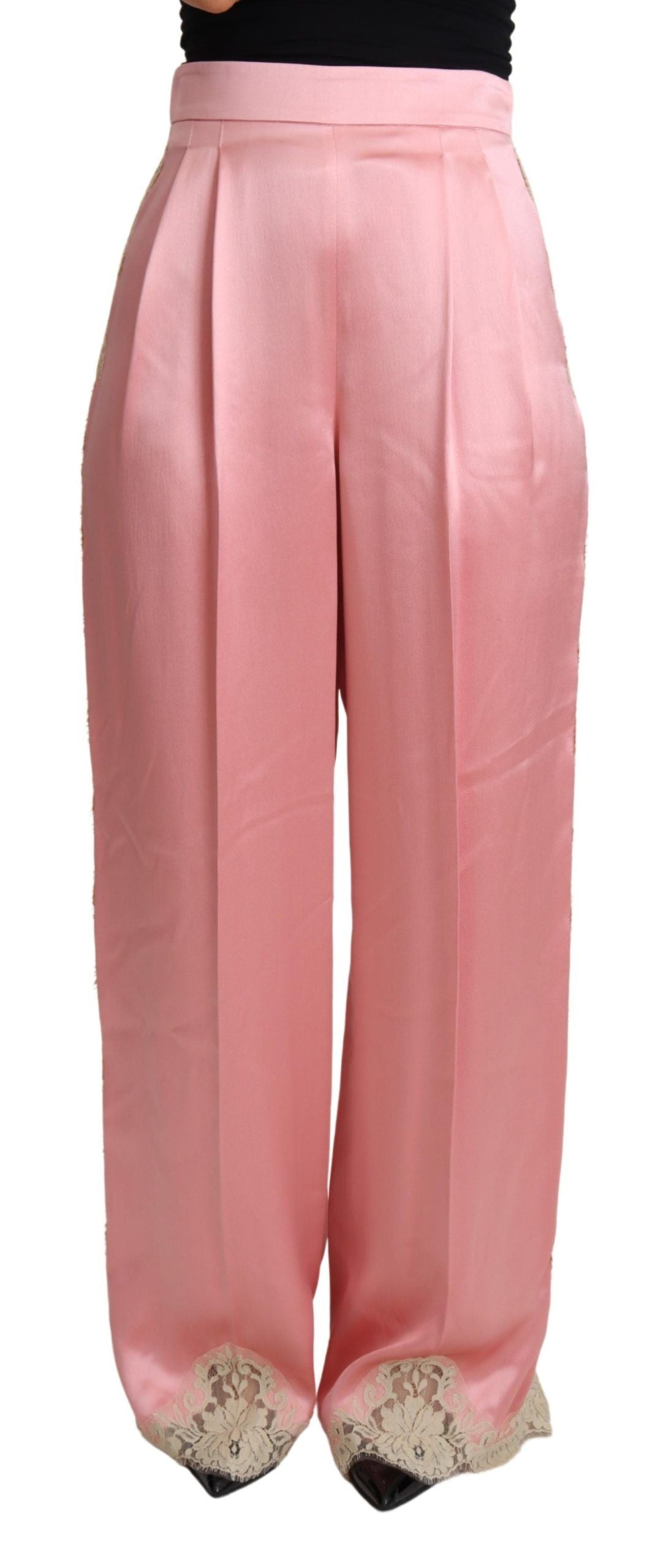 Pantalon large en satin de soie à bordures en dentelle rose Dolce & Gabbana
