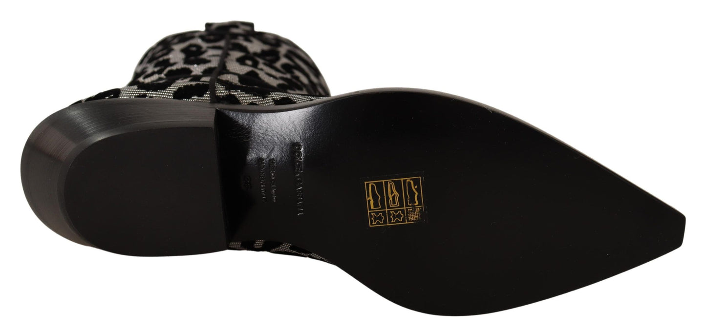 Bottes de cowboy léopard grises et noires Dolce & Gabbana