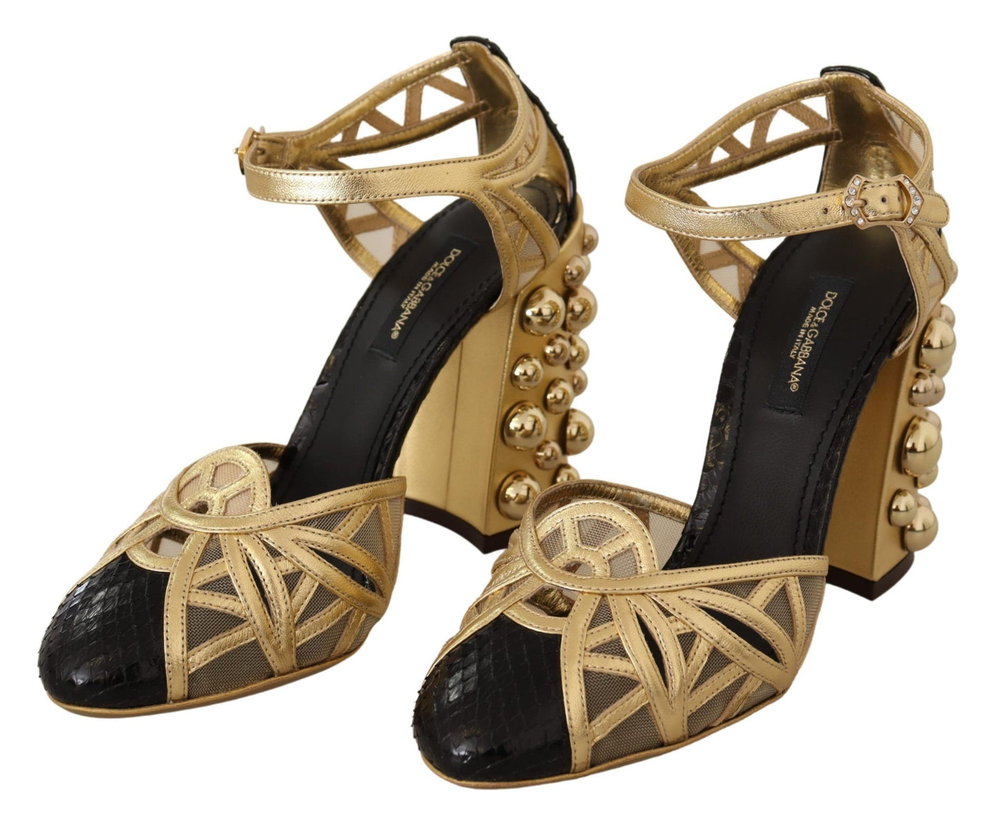Chaussures à brides cheville cloutées en cuir noir et doré Dolce & Gabbana