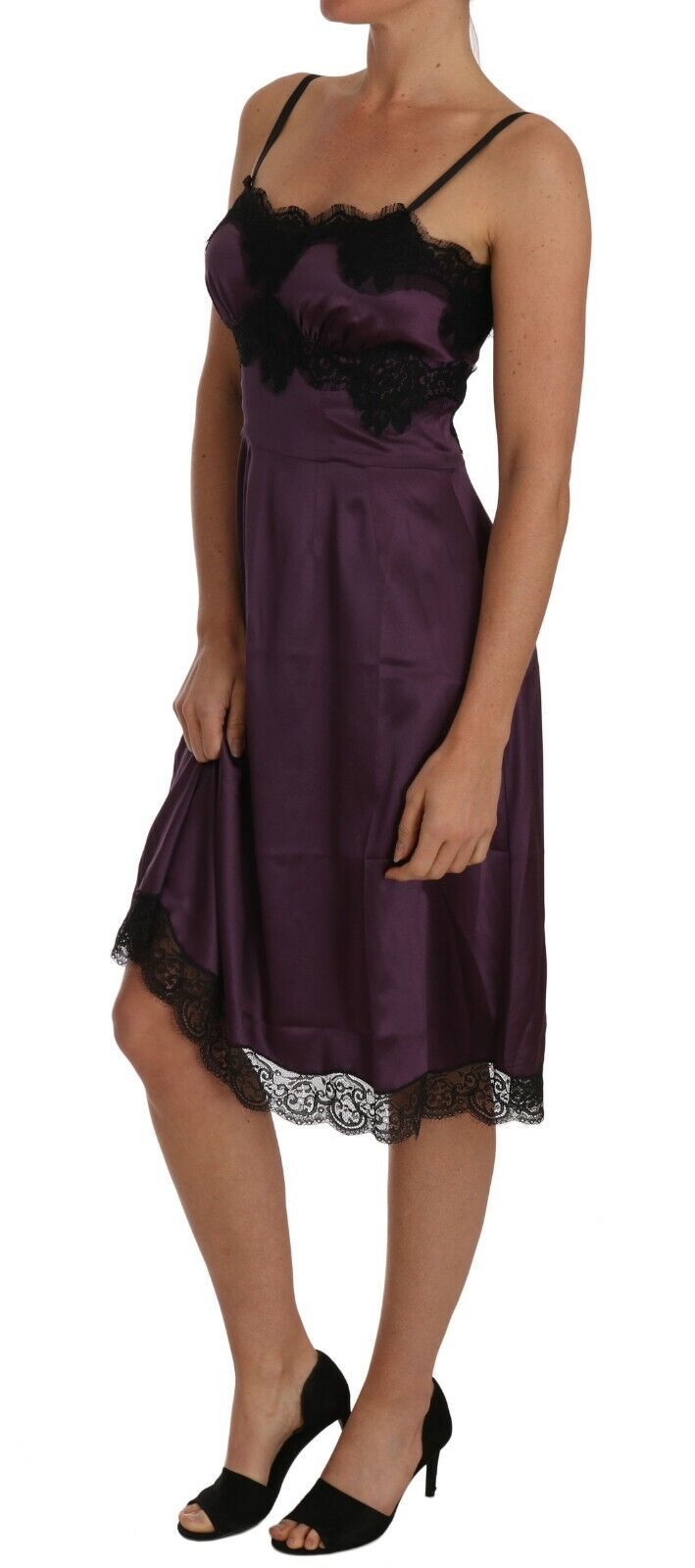 Robe trapèze en soie stretch violette et dentelle noire Dolce & Gabbana