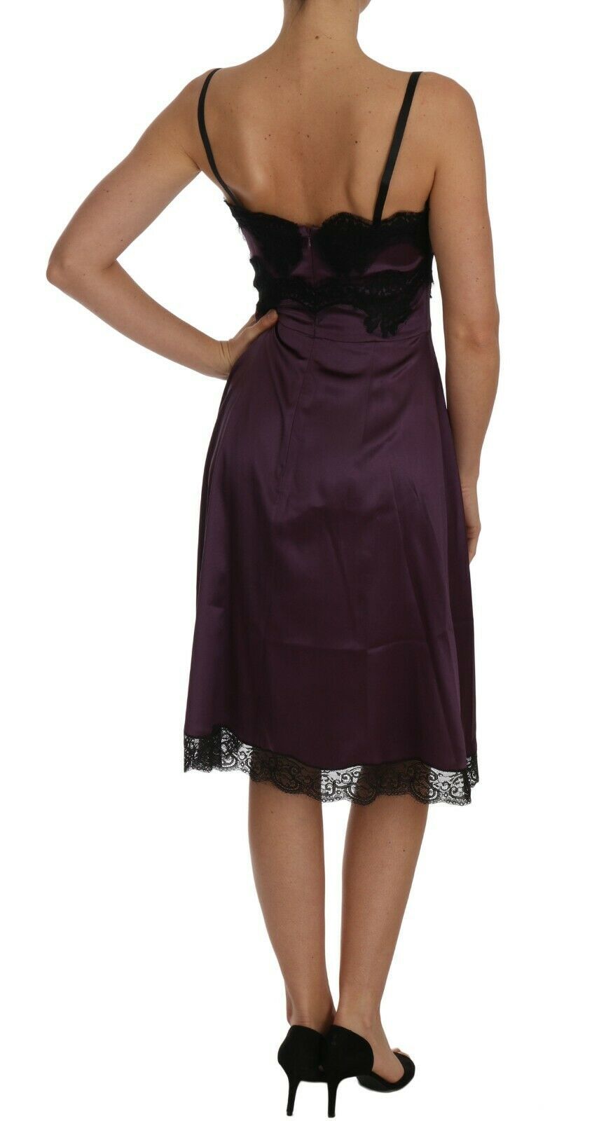 Robe trapèze en soie stretch violette et dentelle noire Dolce & Gabbana