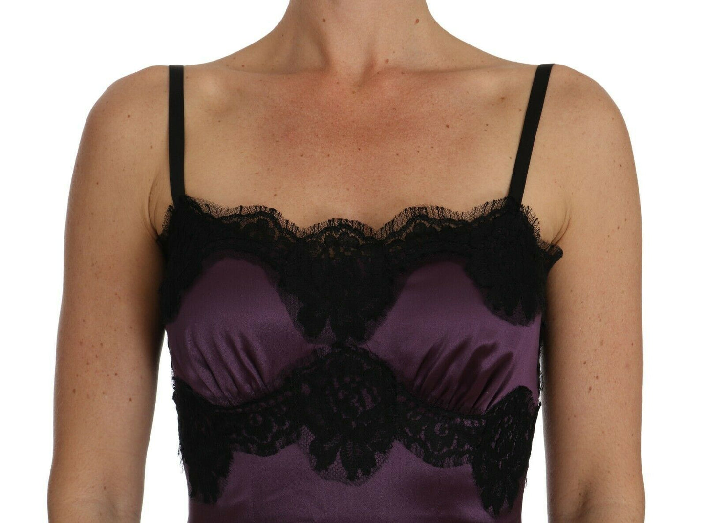 Robe trapèze en soie stretch violette et dentelle noire Dolce & Gabbana