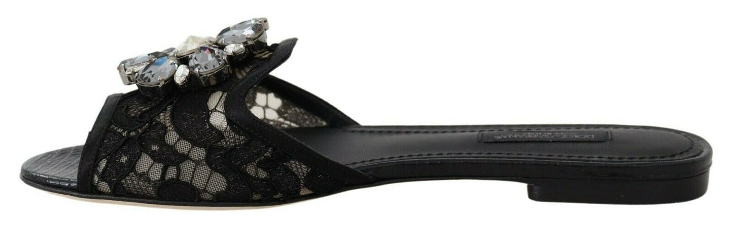 Dolce & Gabbana Claquettes noires en dentelle Taormina et cristaux