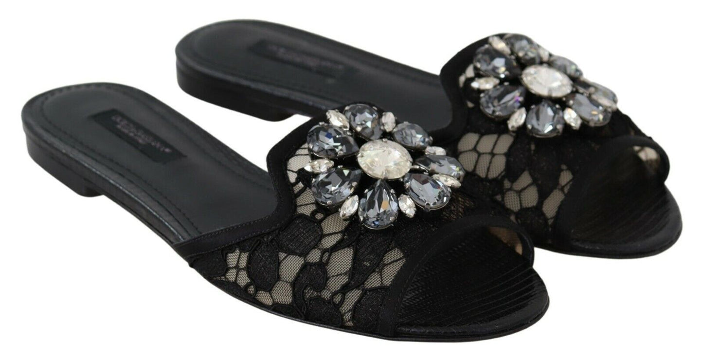 Dolce & Gabbana Claquettes noires en dentelle Taormina et cristaux