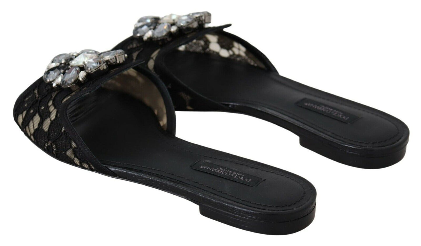 Dolce & Gabbana Claquettes noires en dentelle Taormina et cristaux
