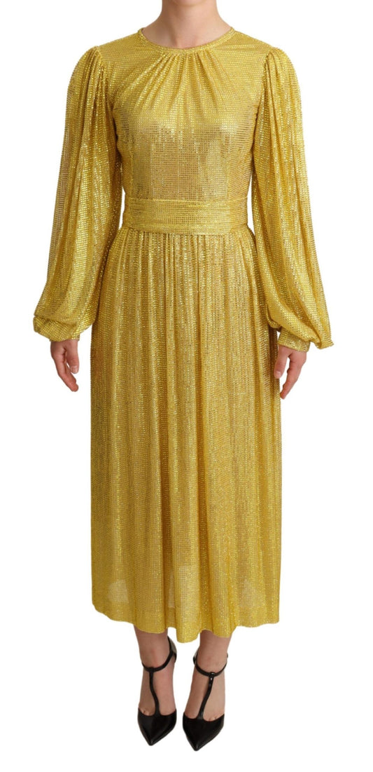Robe longue plissée en maille cristal jaune Dolce & Gabbana