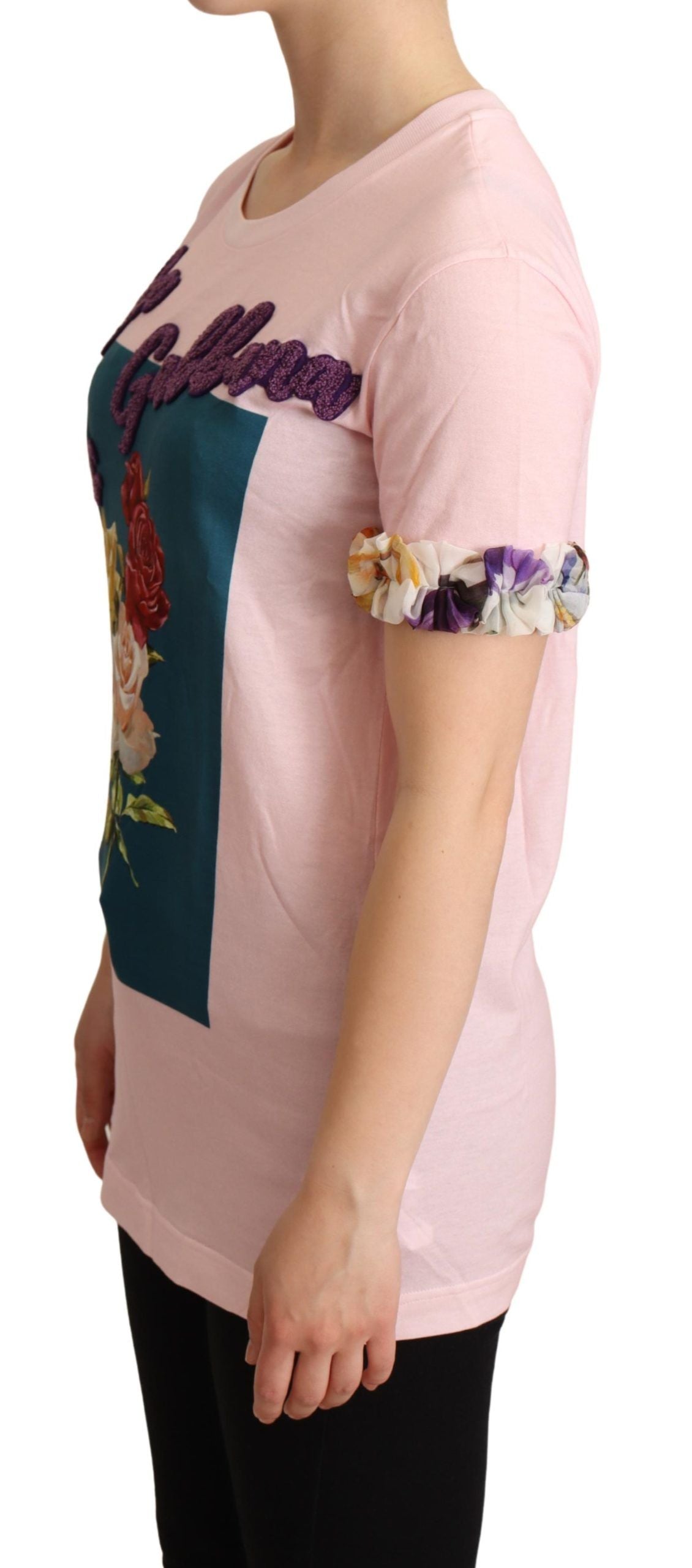 T-shirt ras du cou en coton rose à fleurs Dolce & Gabbana