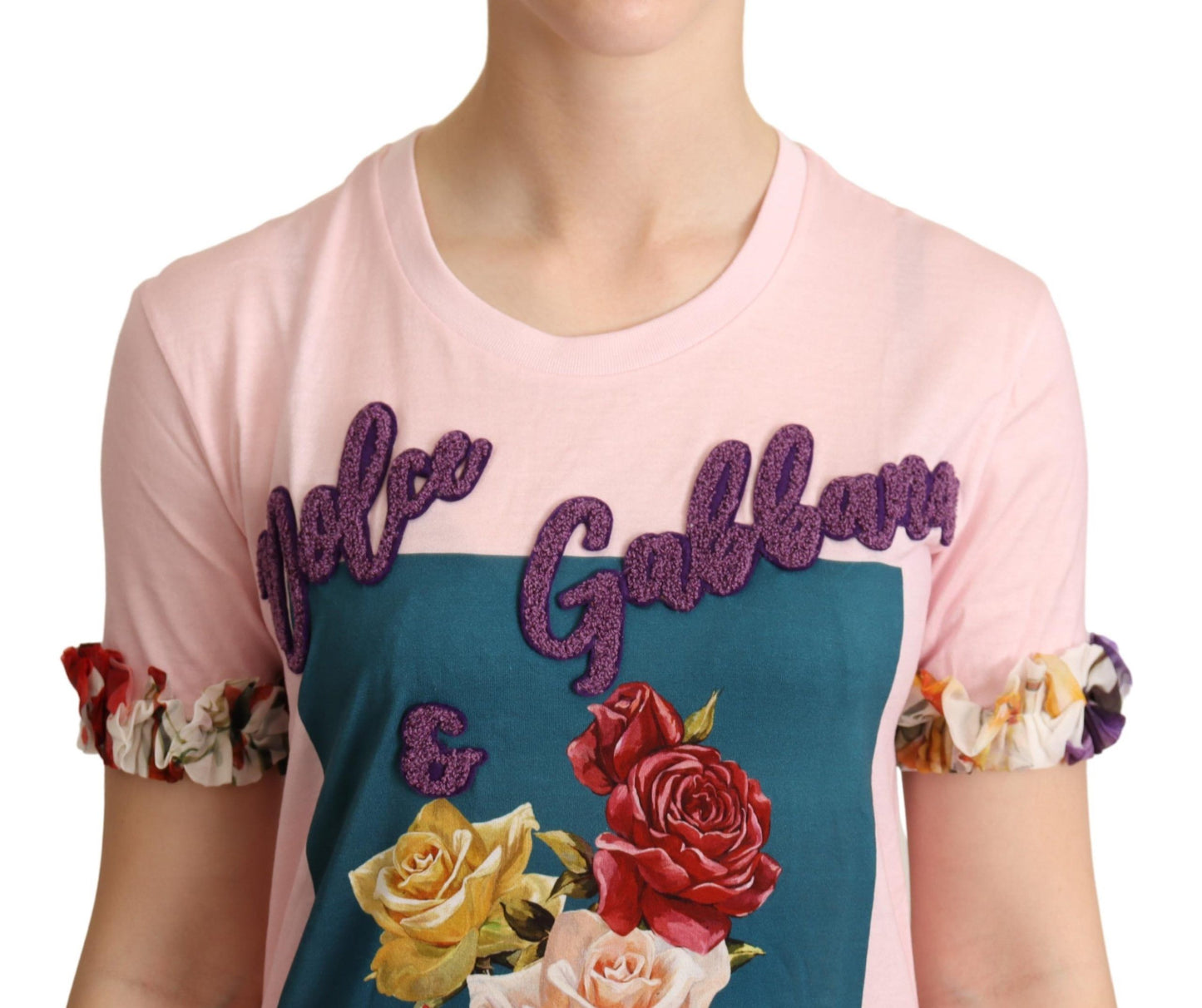 T-shirt ras du cou en coton rose à fleurs Dolce & Gabbana