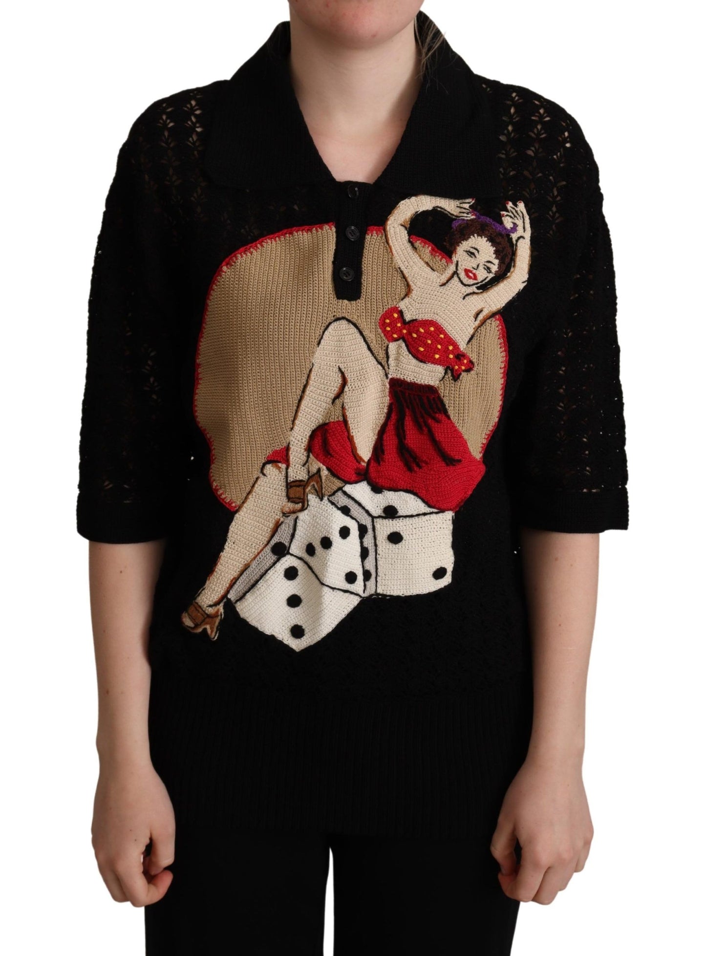 Pull en coton tricoté brodé noir Dolce & Gabbana
