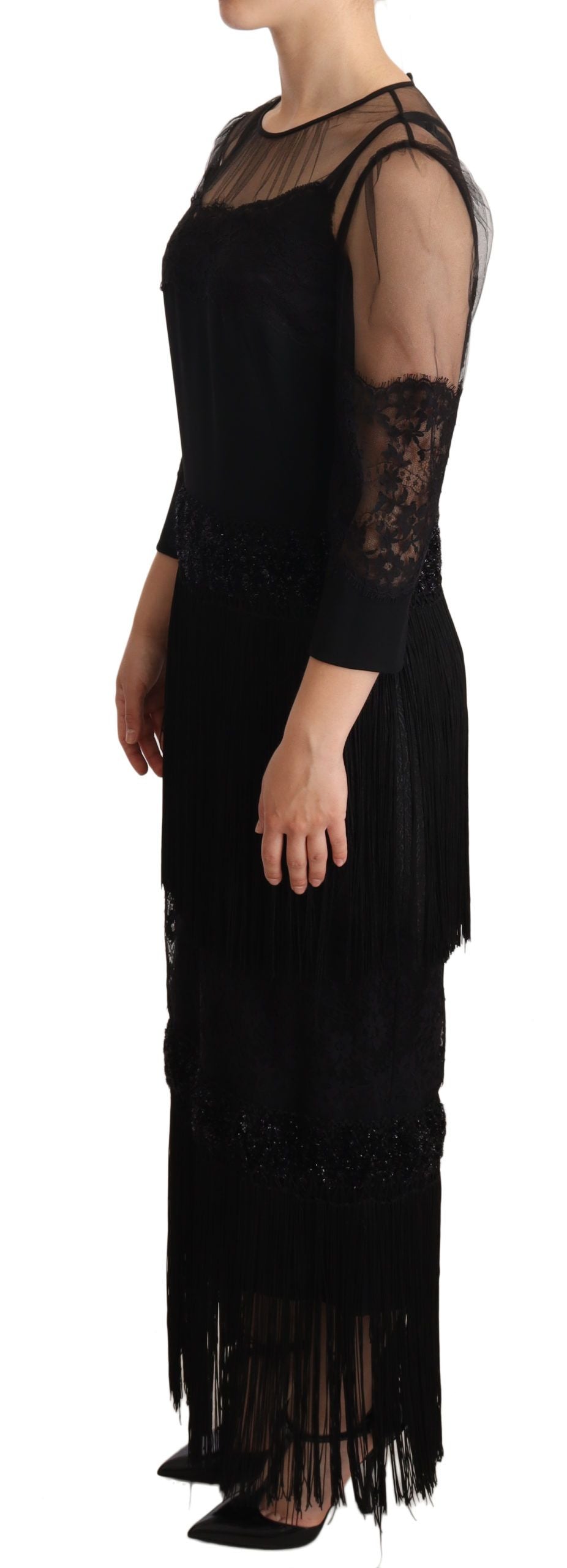 Robe longue noire en dentelle florale transparente et cristaux Dolce & Gabbana
