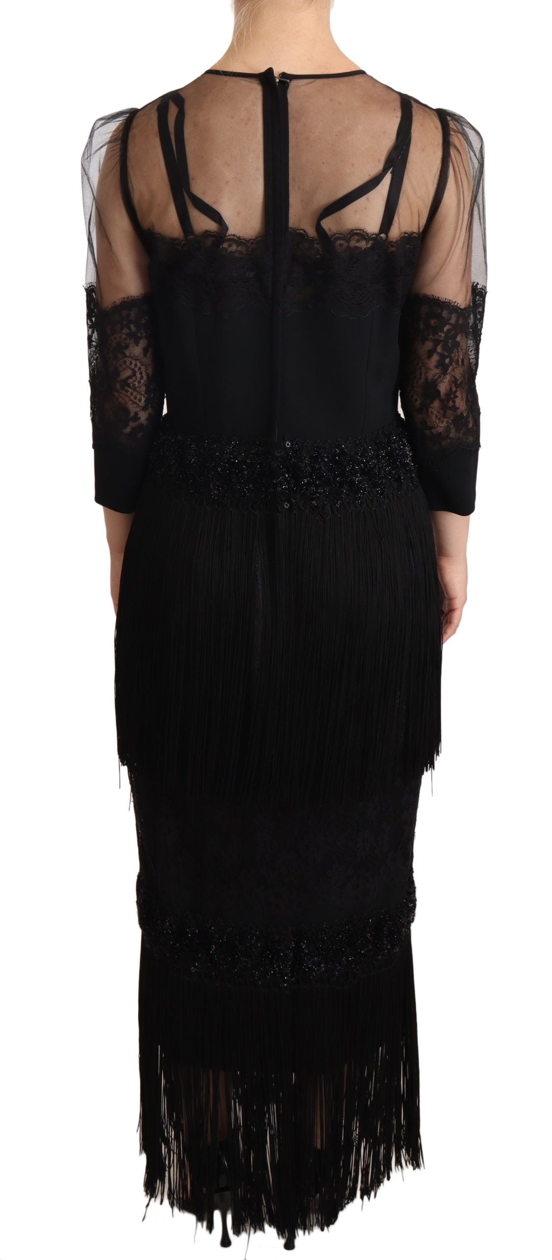 Robe longue noire en dentelle florale transparente et cristaux Dolce & Gabbana