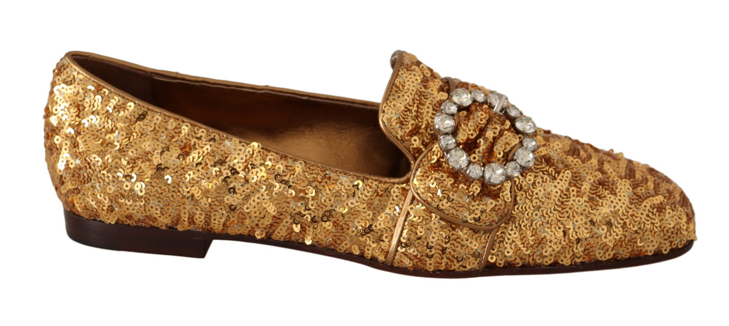 Dolce & Gabbana – Flache Loafer-Schuhe mit goldenen Pailletten und Kristallen für Damen