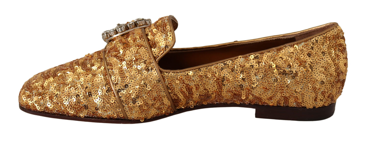 Dolce & Gabbana – Flache Loafer-Schuhe mit goldenen Pailletten und Kristallen für Damen