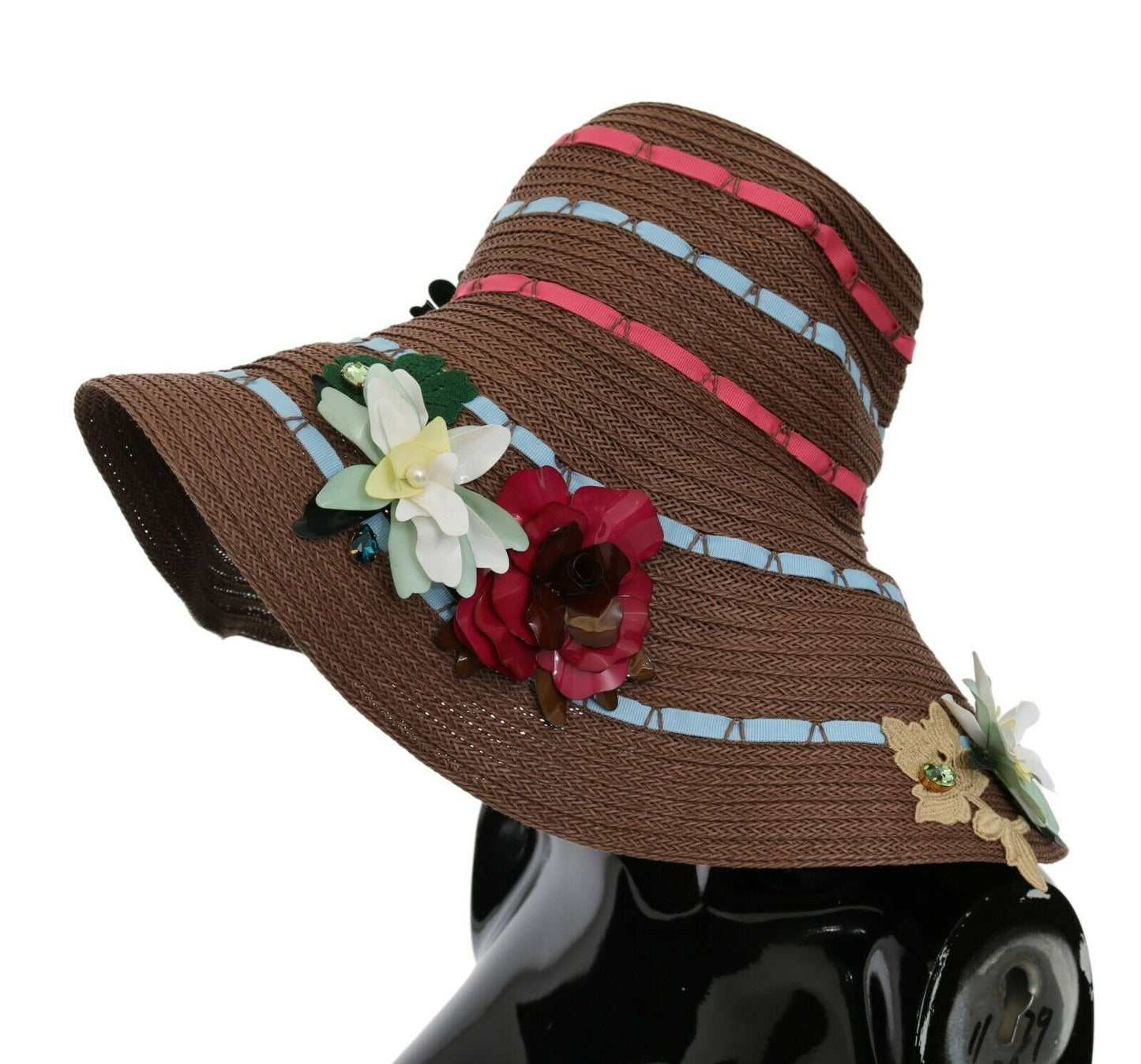 Chapeau en paille tricoté marron à fleurs Dolce & Gabbana