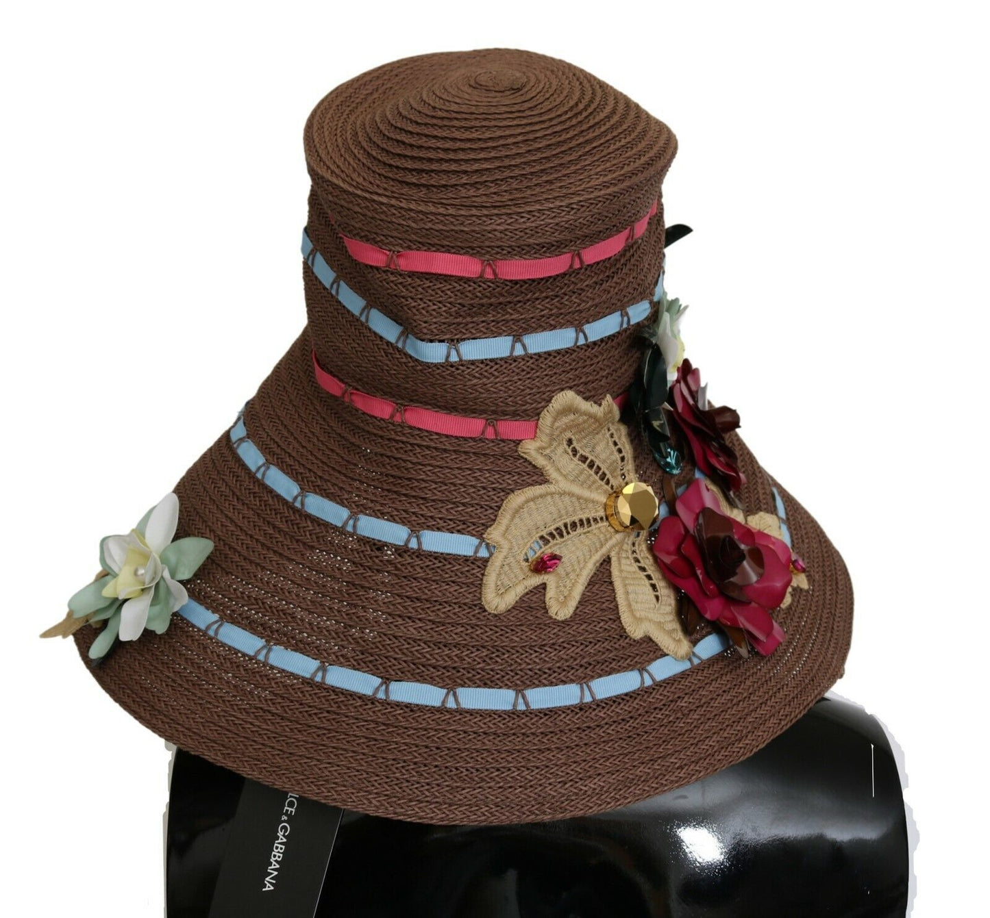 Chapeau en paille tricoté marron à fleurs Dolce & Gabbana
