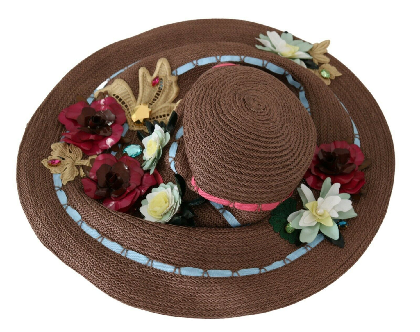 Chapeau en paille tricoté marron à fleurs Dolce & Gabbana