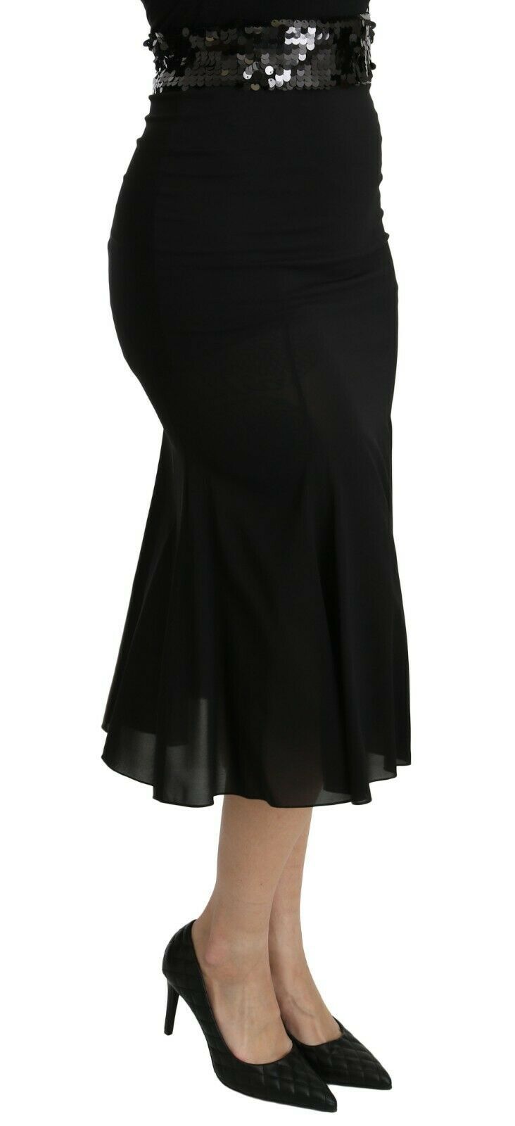 Jupe mi-longue sirène taille haute en soie noire Dolce & Gabbana