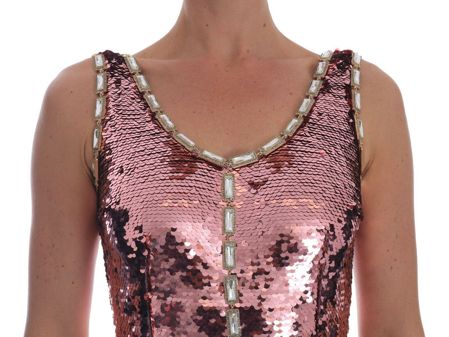 Robe fourreau rose à paillettes et cristaux Dolce & Gabbana