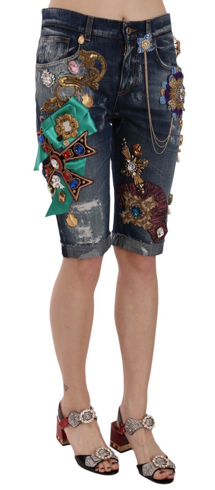 Short capri en denim bleu Dolce & Gabbana taille moyenne orné de cristaux