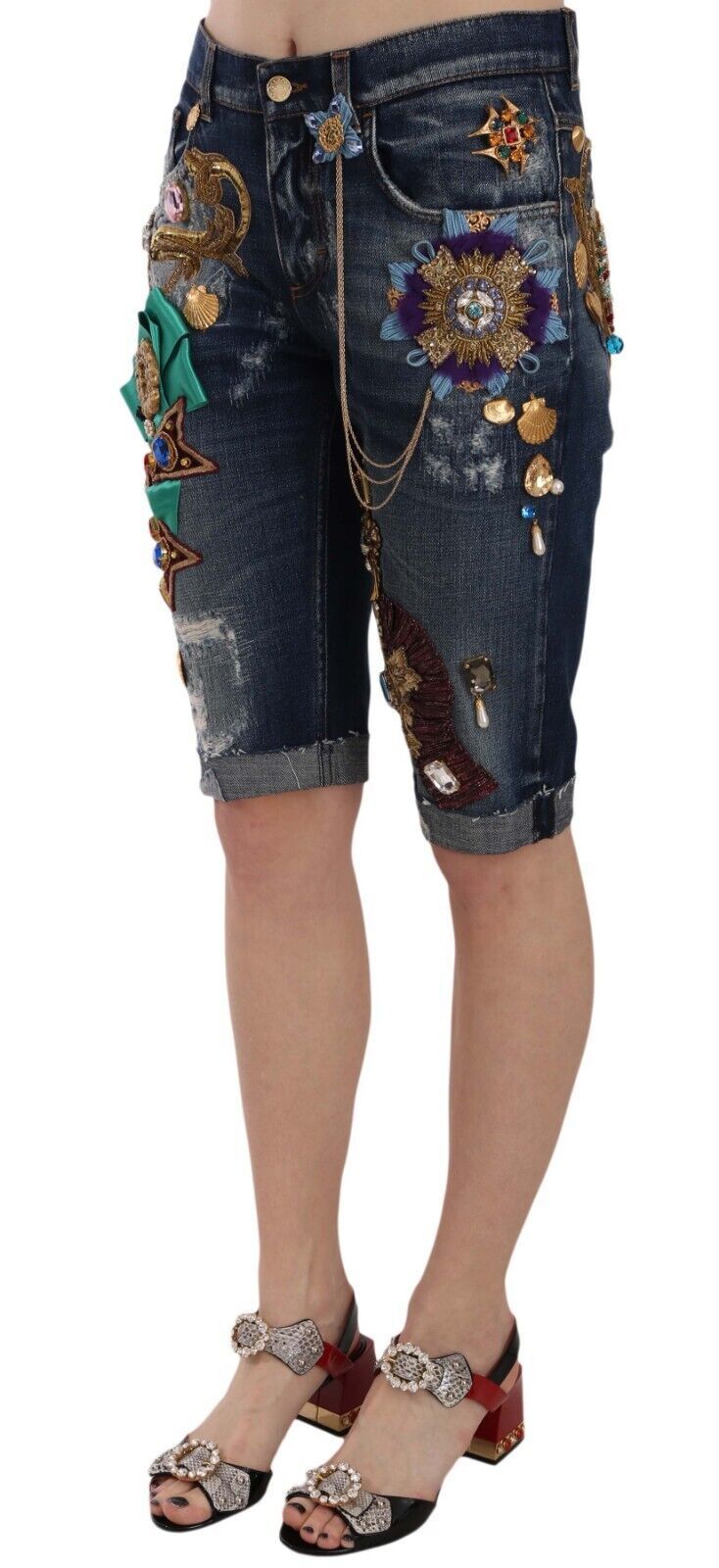 Short capri en denim bleu Dolce & Gabbana taille moyenne orné de cristaux