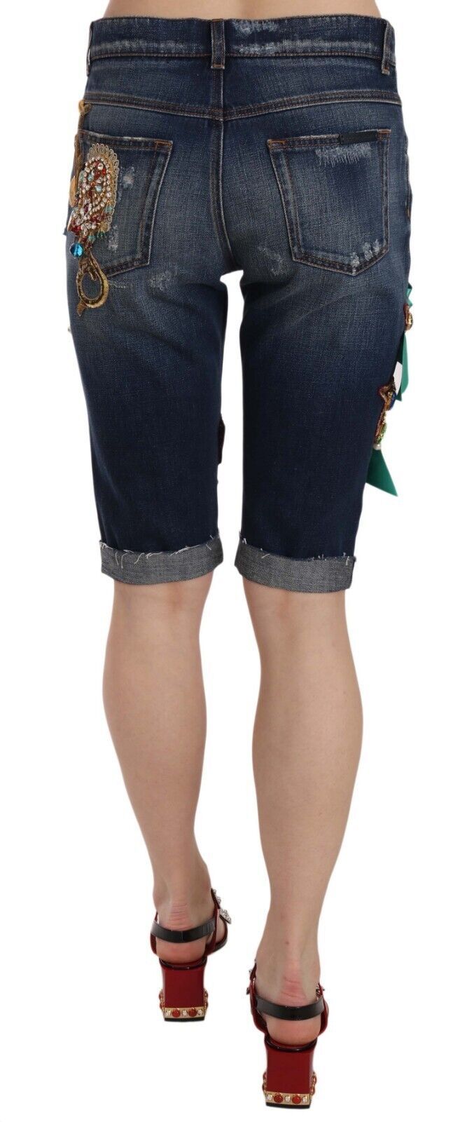 Short capri en denim bleu Dolce & Gabbana taille moyenne orné de cristaux