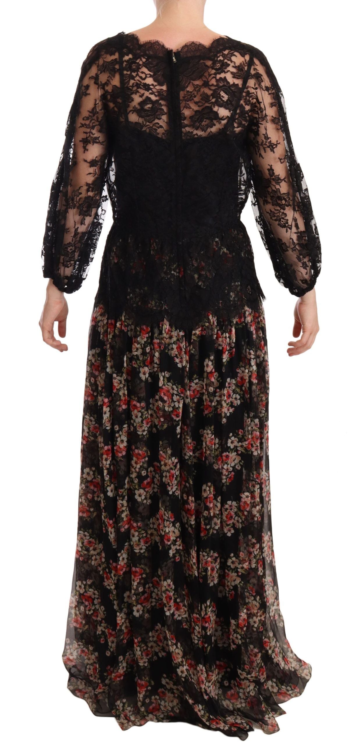 Robe longue capri noire en dentelle florale à pois Dolce & Gabbana