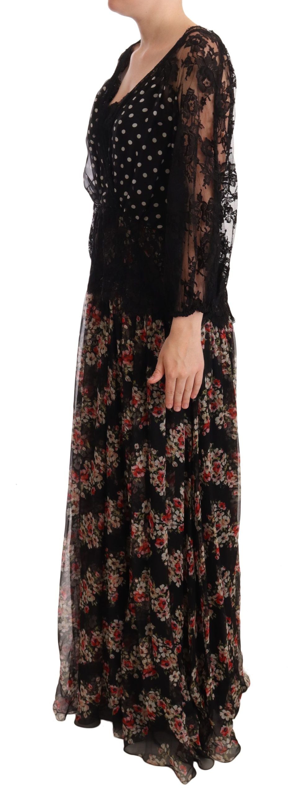 Robe longue capri noire en dentelle florale à pois Dolce & Gabbana