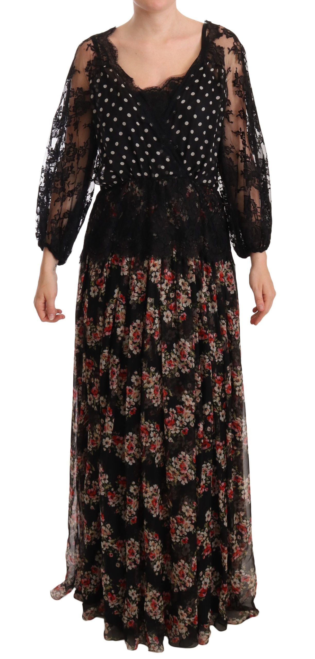 Robe longue capri noire en dentelle florale à pois Dolce & Gabbana