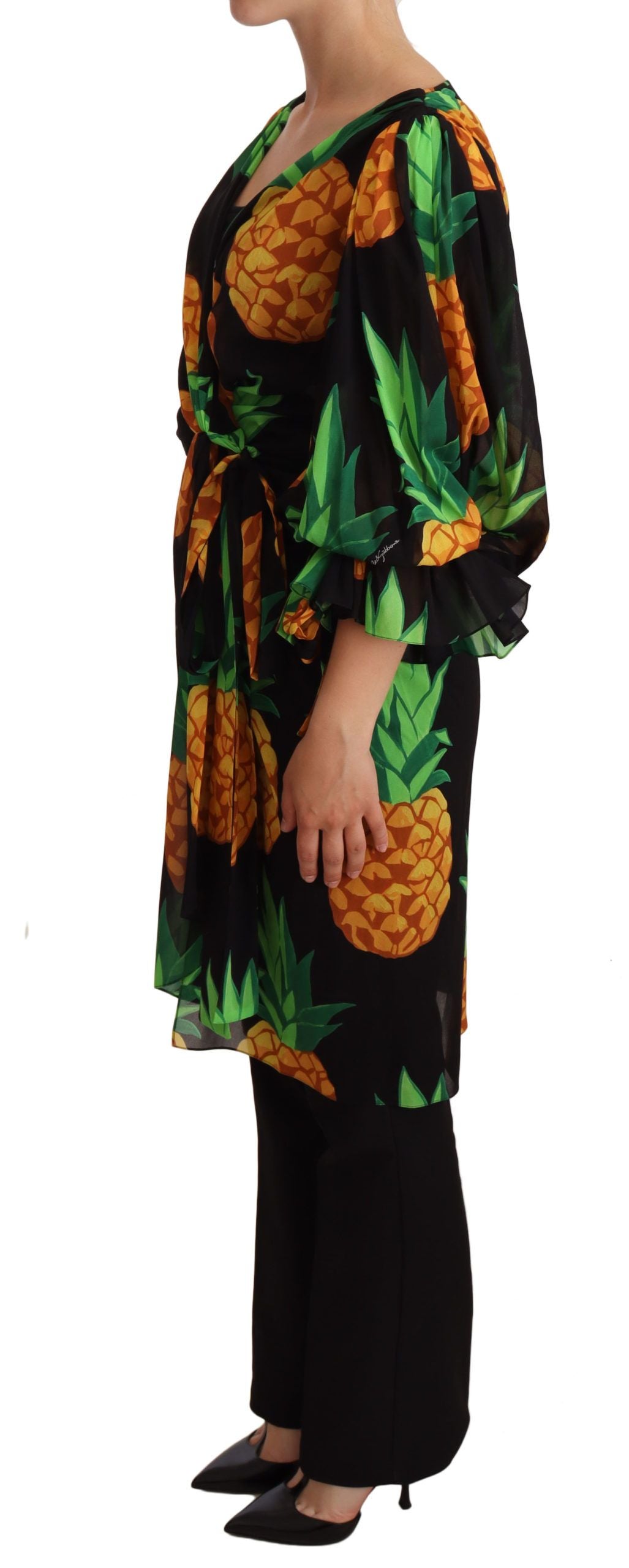 Robe portefeuille en soie stretch noire à imprimé ananas Dolce & Gabbana