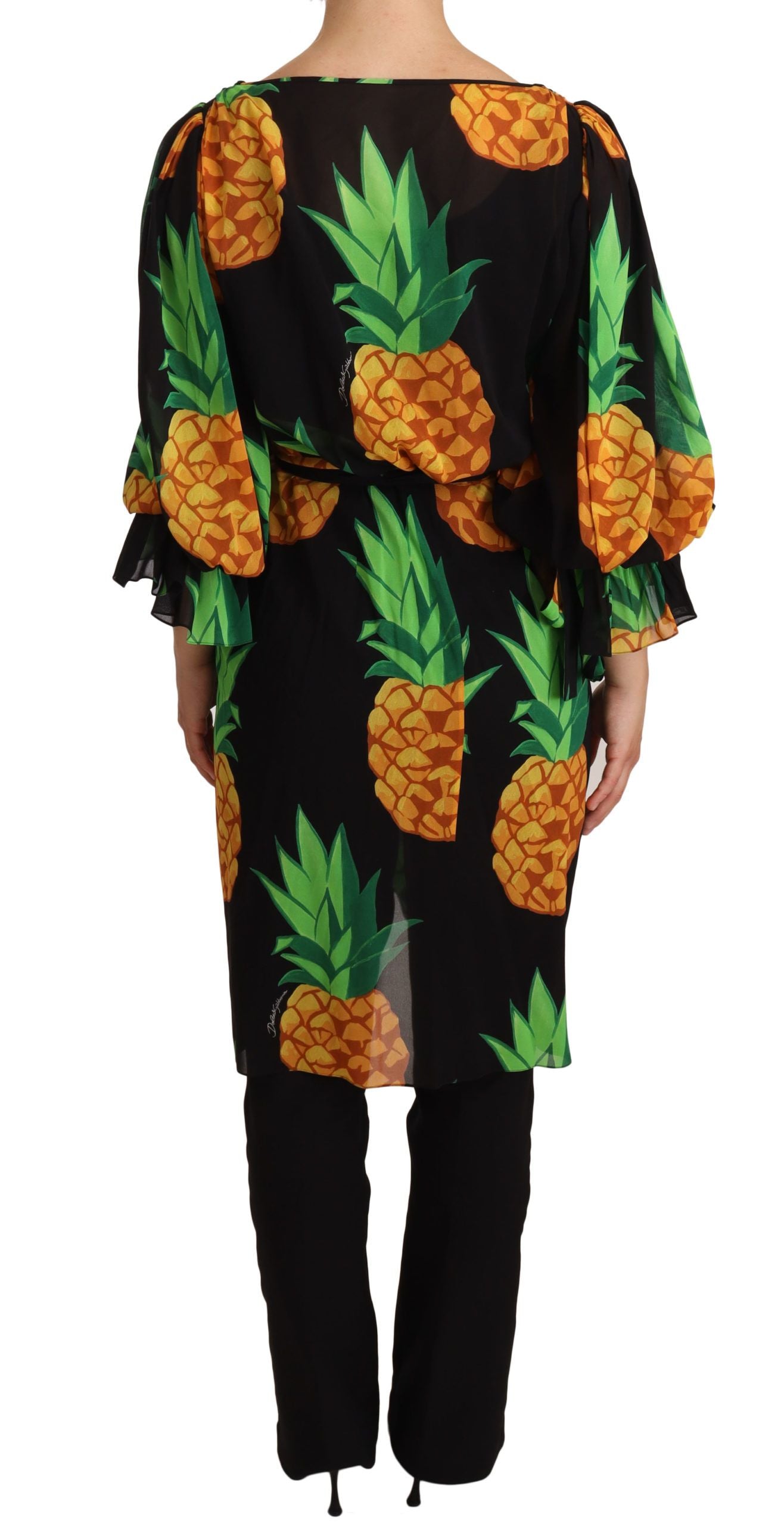 Robe portefeuille en soie stretch noire à imprimé ananas Dolce & Gabbana