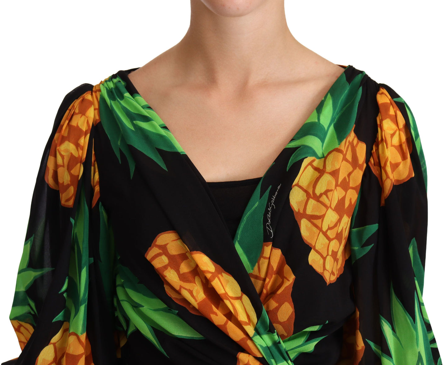 Robe portefeuille en soie stretch noire à imprimé ananas Dolce & Gabbana