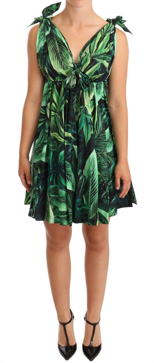 Dolce & Gabbana – Ausgestelltes Minikleid aus Baumwolle mit grünem Blätterprint