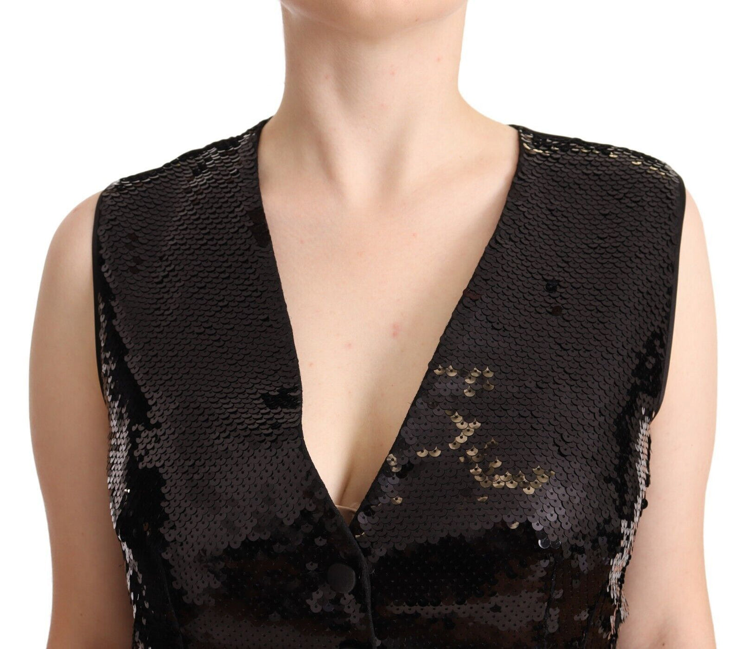 Débardeur sans manches à col en V et sequins noirs Dolce & Gabbana