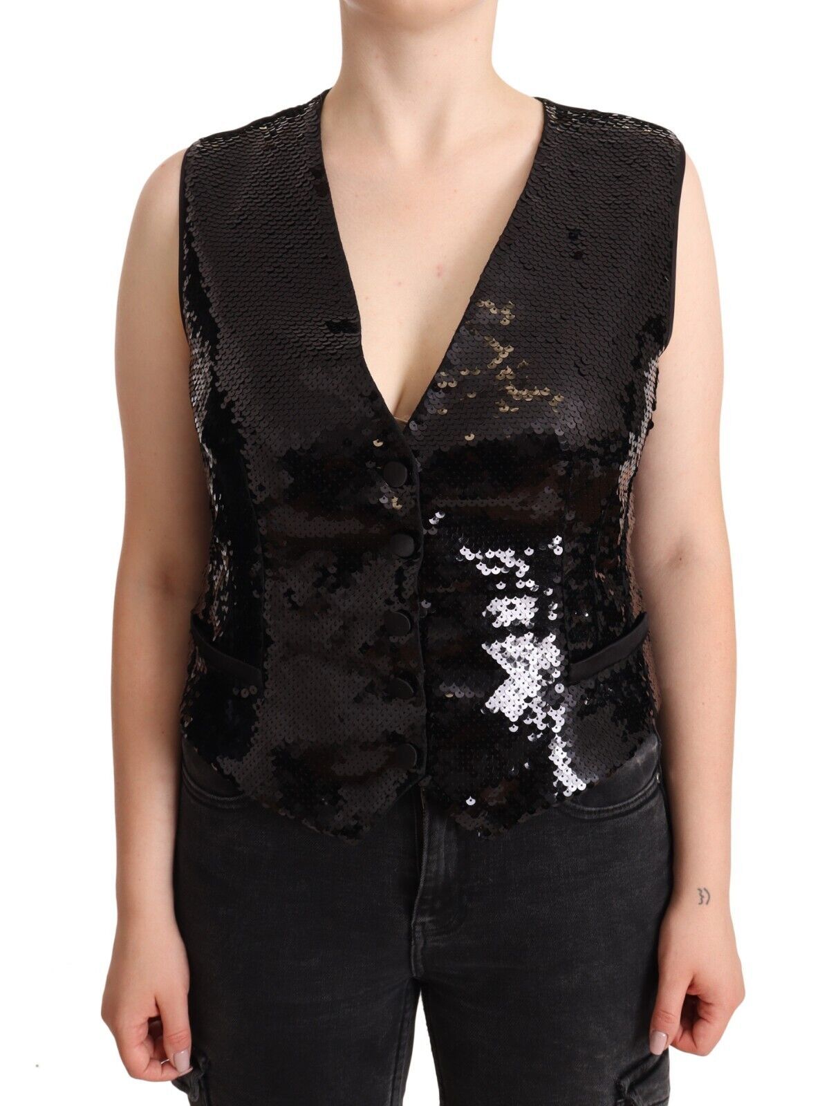 Débardeur sans manches à col en V et sequins noirs Dolce & Gabbana