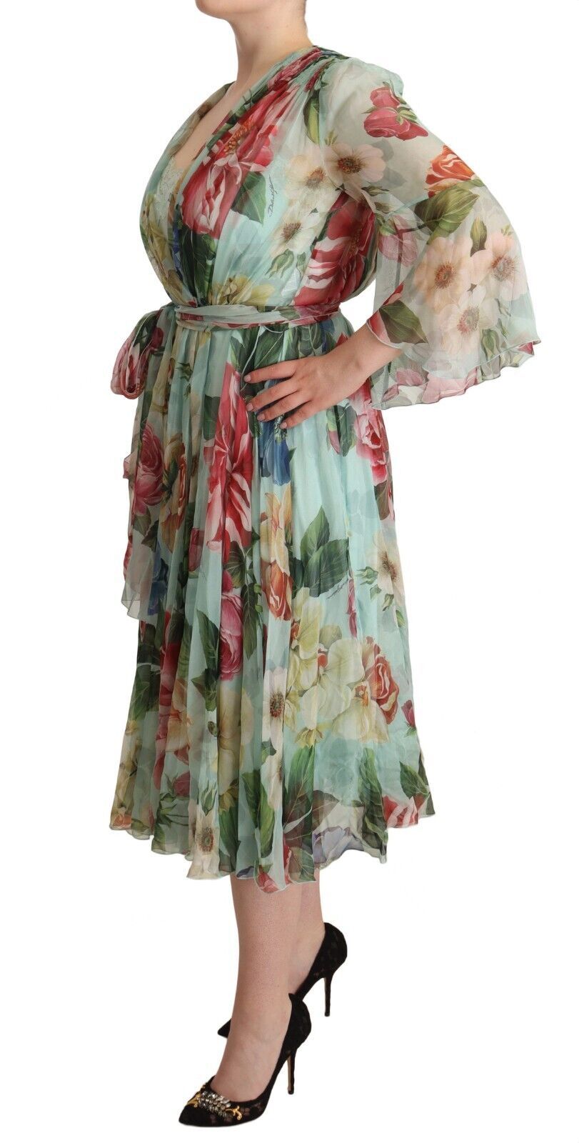 Robe mi-longue à manches longues et col en V à fleurs vertes Dolce & Gabbana