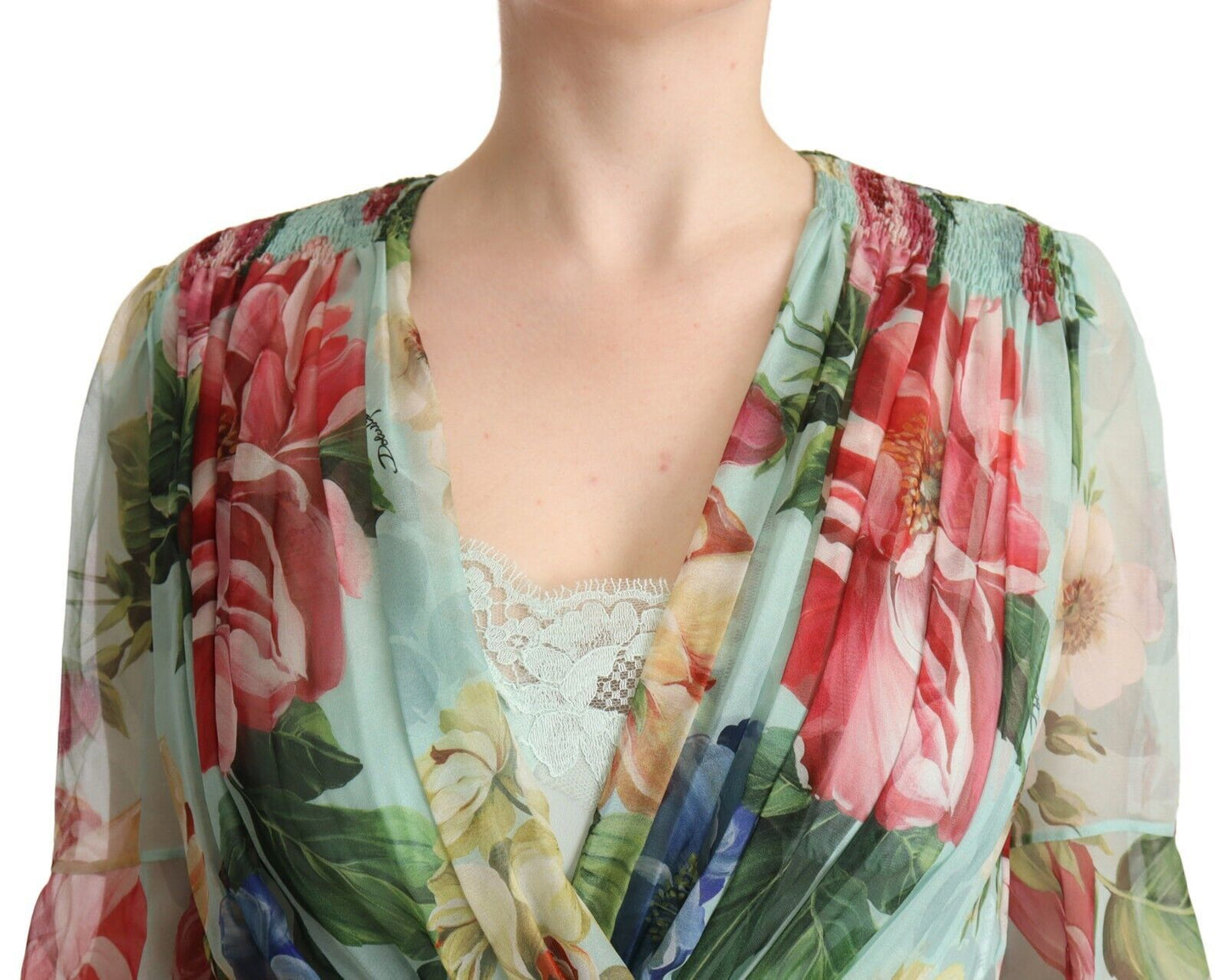 Robe mi-longue à manches longues et col en V à fleurs vertes Dolce & Gabbana
