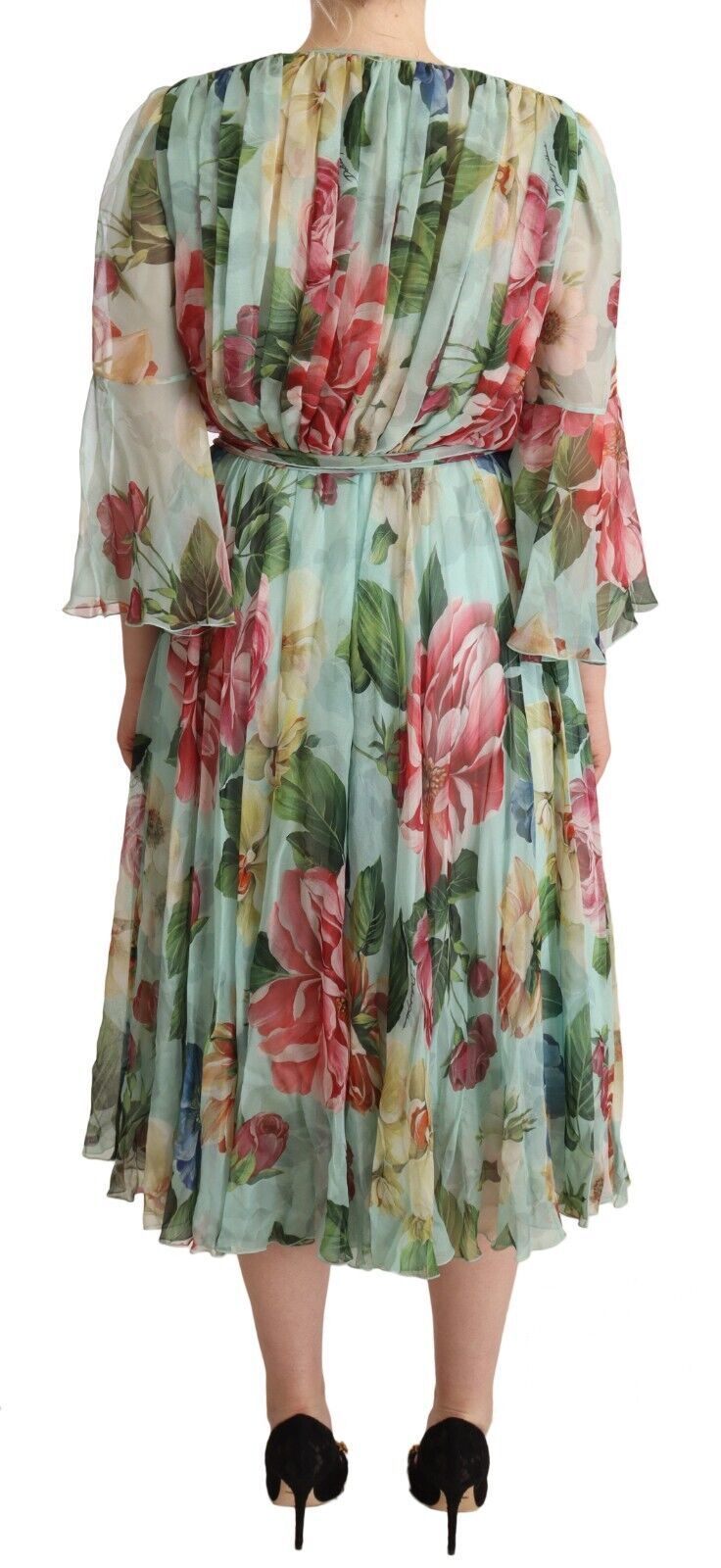 Robe mi-longue à manches longues et col en V à fleurs vertes Dolce & Gabbana